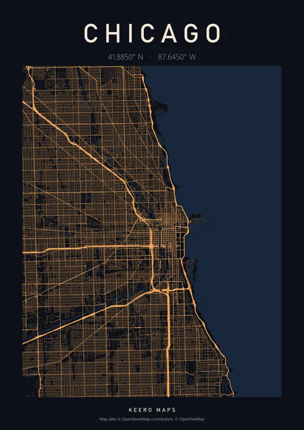 Chicago map poster, Amber Night