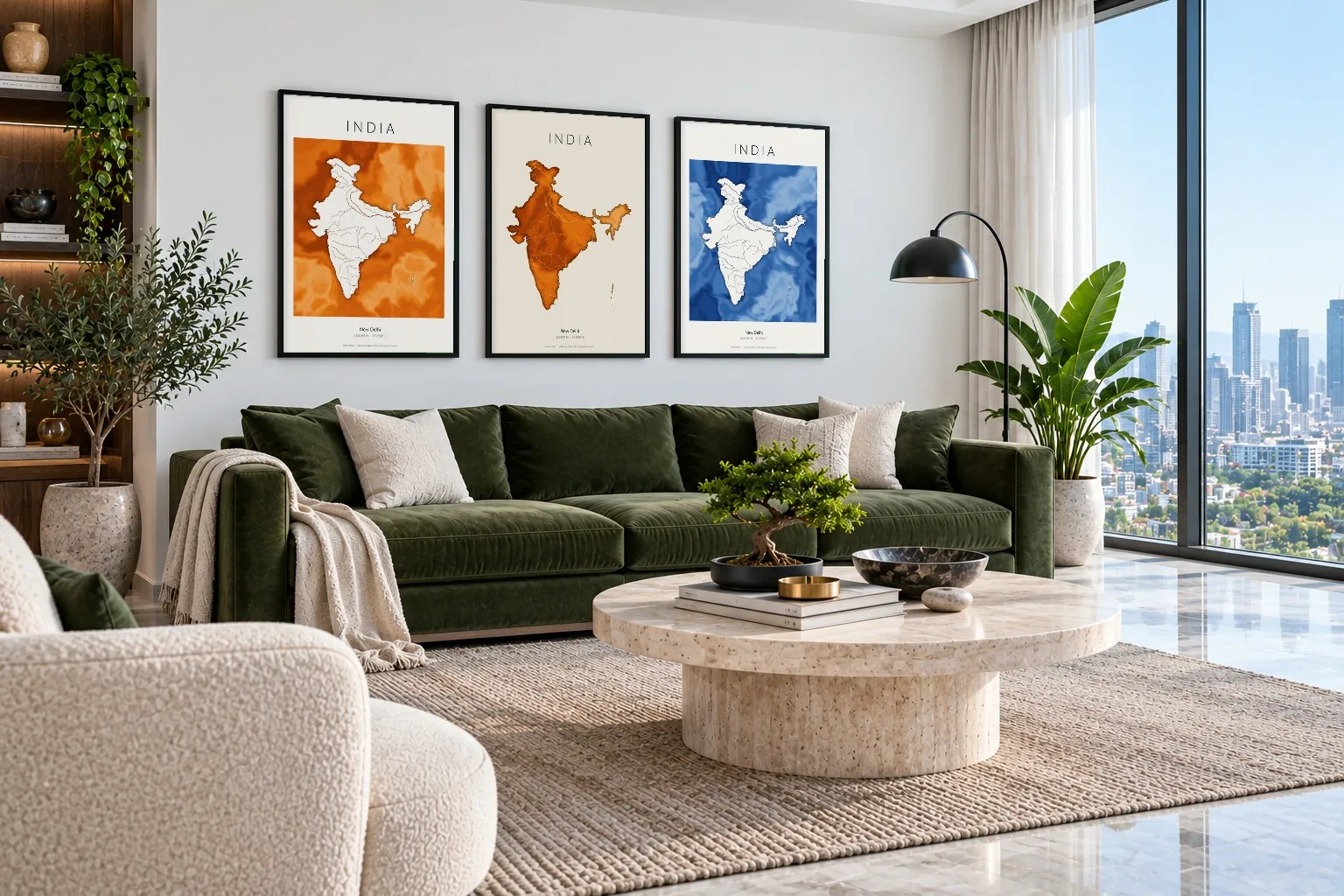 Three India map artworks framed in a living room