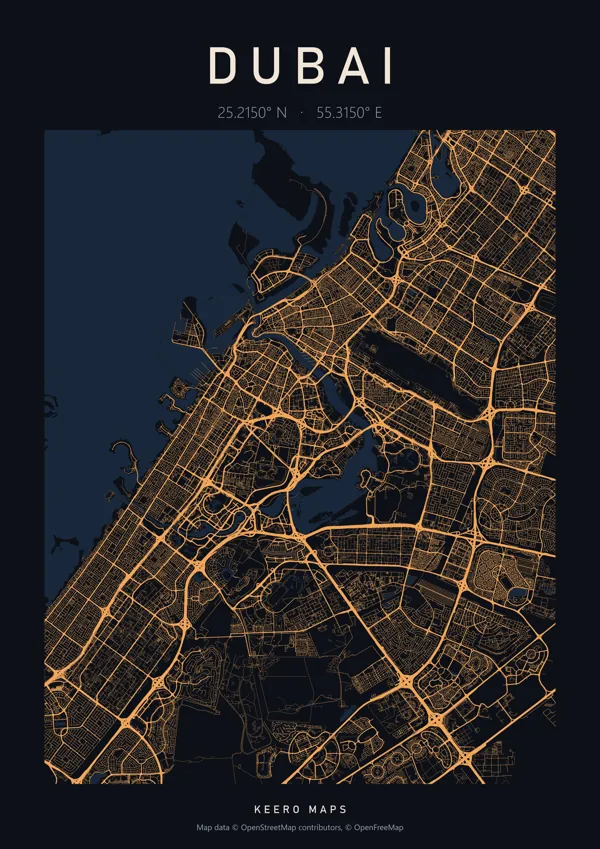 Dubai map poster, Amber Night