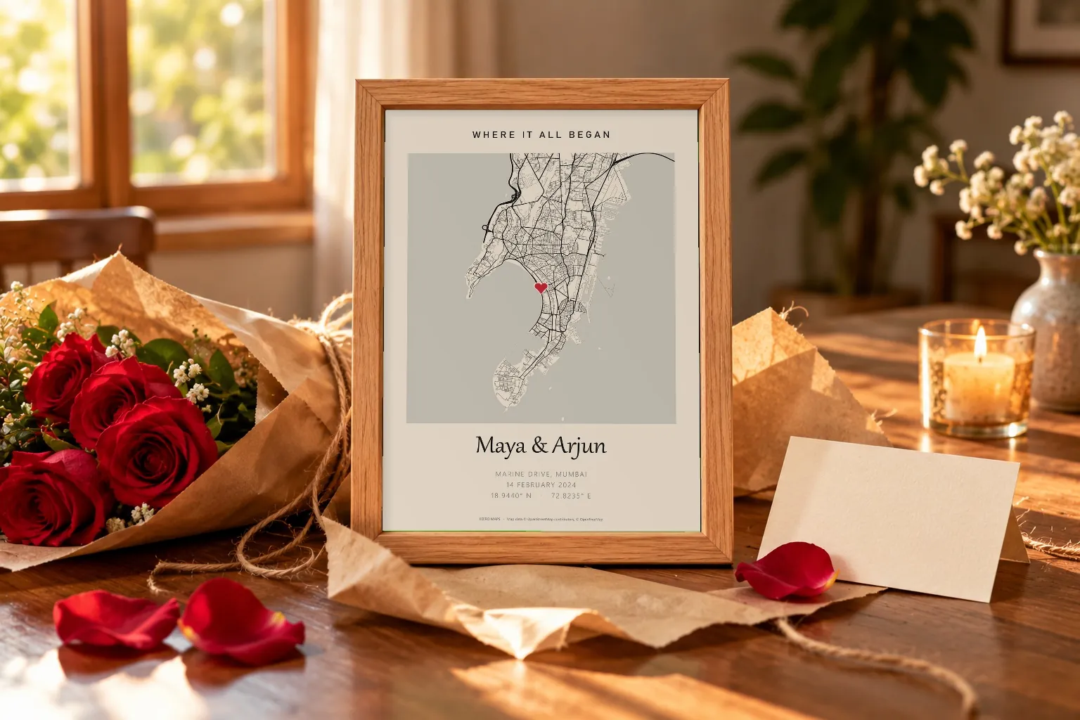 A personalised Mumbai map poster with two names, given as a gift