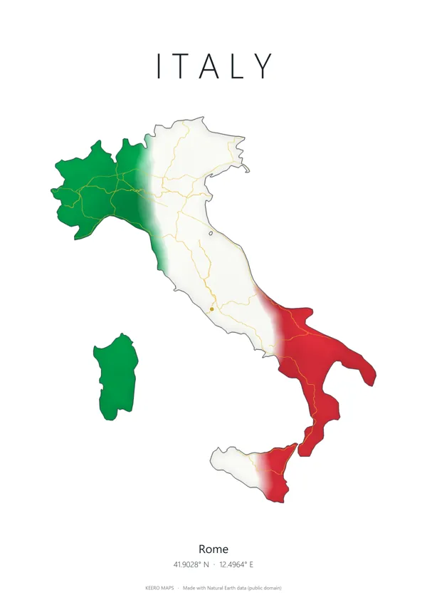 Italy map art in the colours of the Italian flag