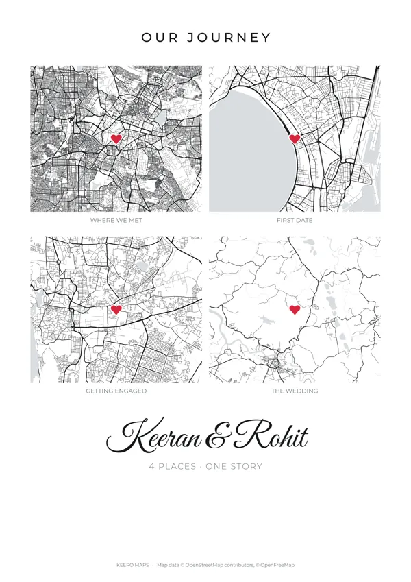 A four-stop Journey poster tracing where a couple met, dated and married
