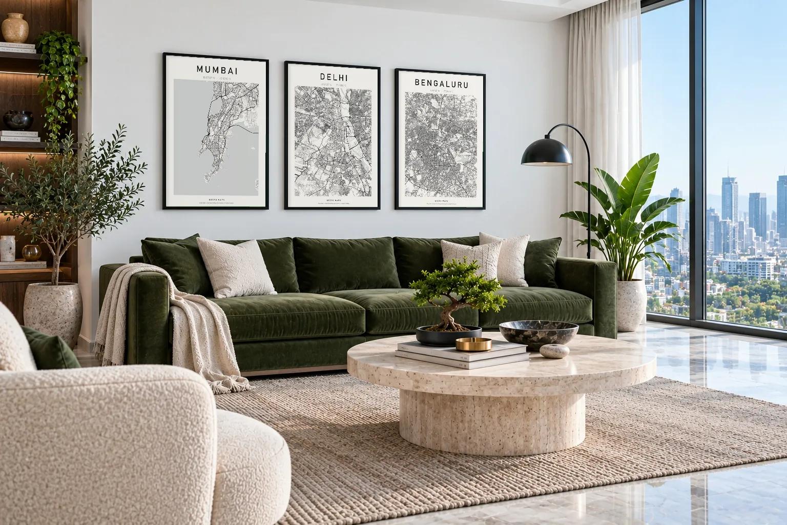 Mumbai, Delhi and Bengaluru Classic Ink posters framed above a sofa