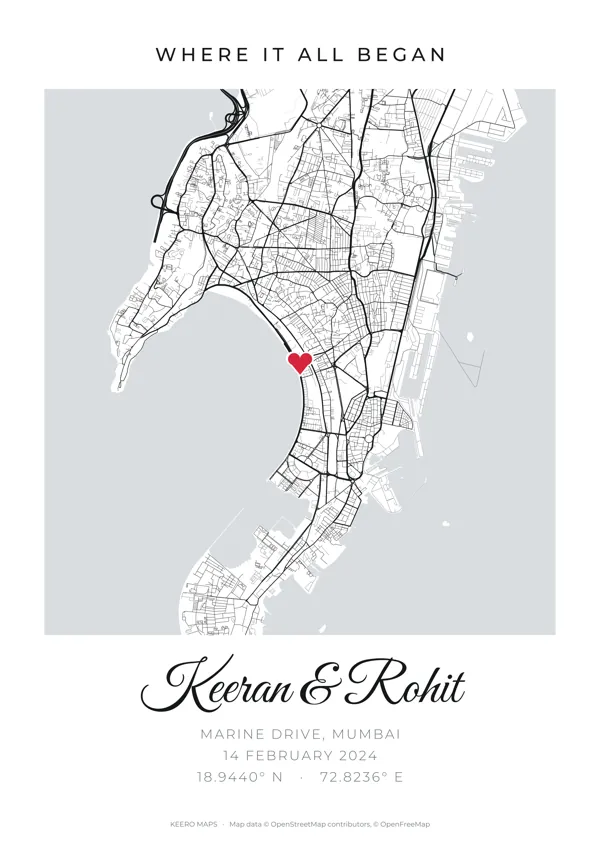 A personalised Mumbai map poster for Keeran and Rohit, with a heart on Marine Drive where they met