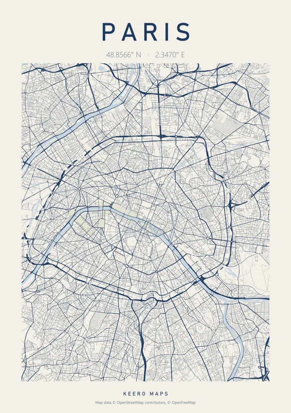 Paris map poster in Harbour Blue