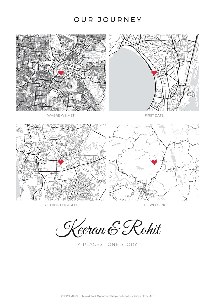 A journey poster with three small street maps, each with a heart and a label underneath