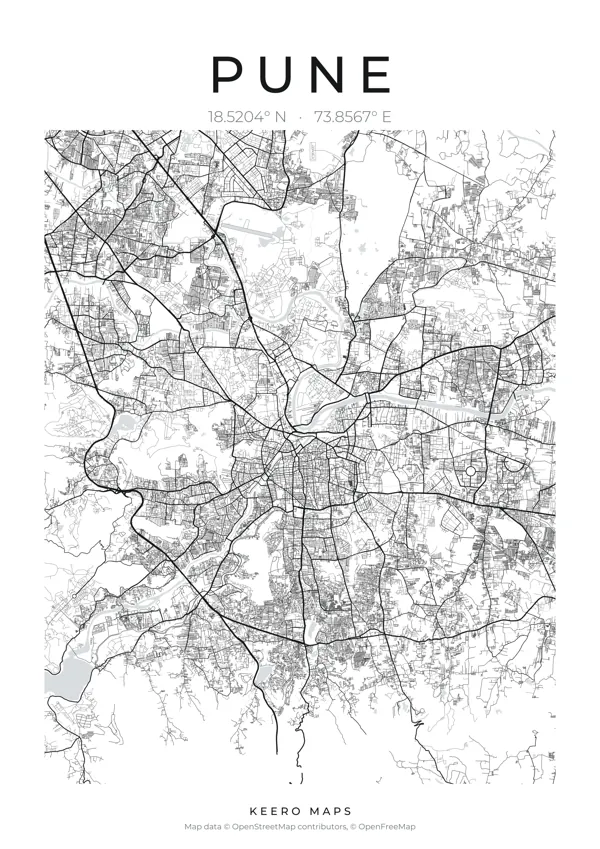 Pune map poster, Classic Ink