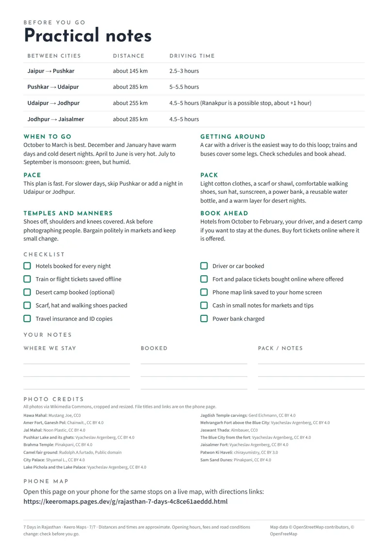 The practical notes page: distances and driving times between cities, best months, what to pack and a checklist