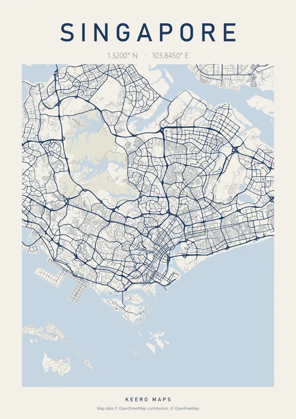 Singapore map poster, Harbour Blue