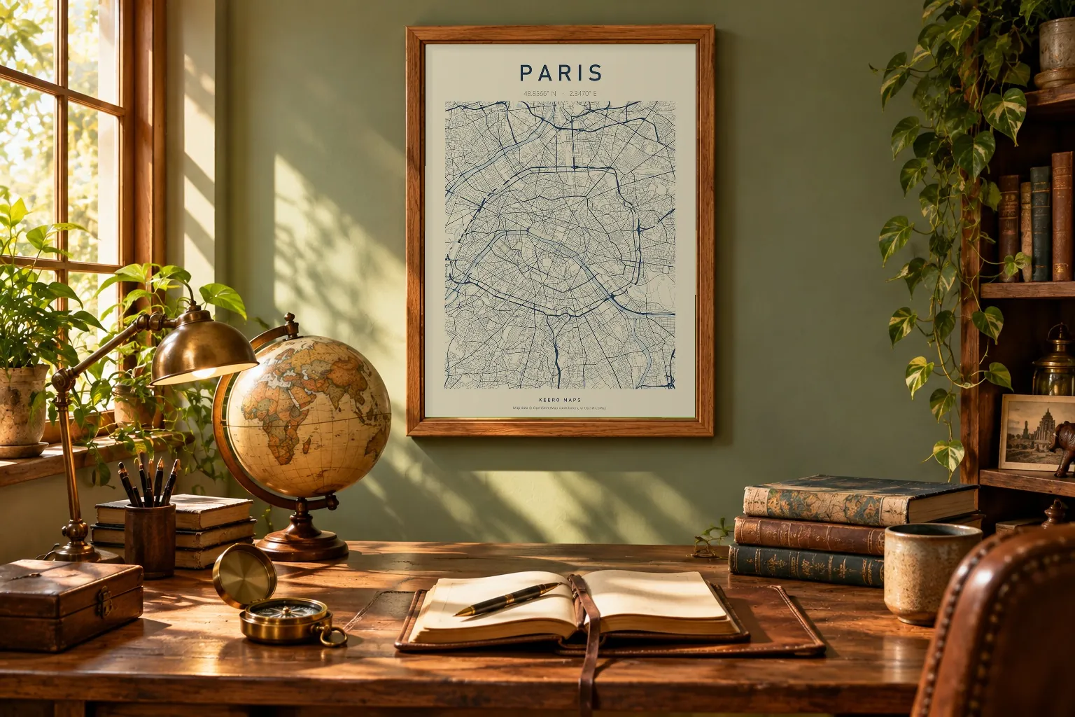 Paris Harbour Blue poster framed in a traveller's study