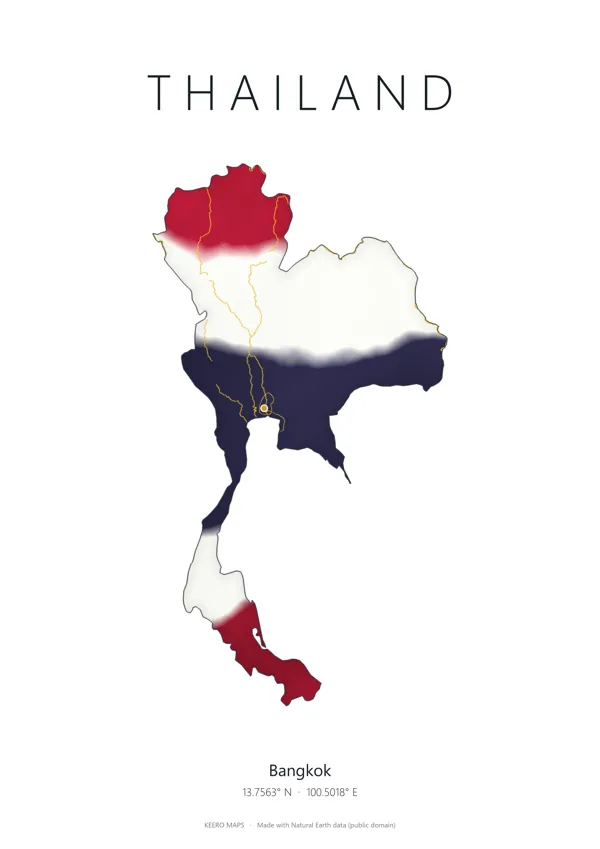 Thailand map art in the colours of the Thai flag