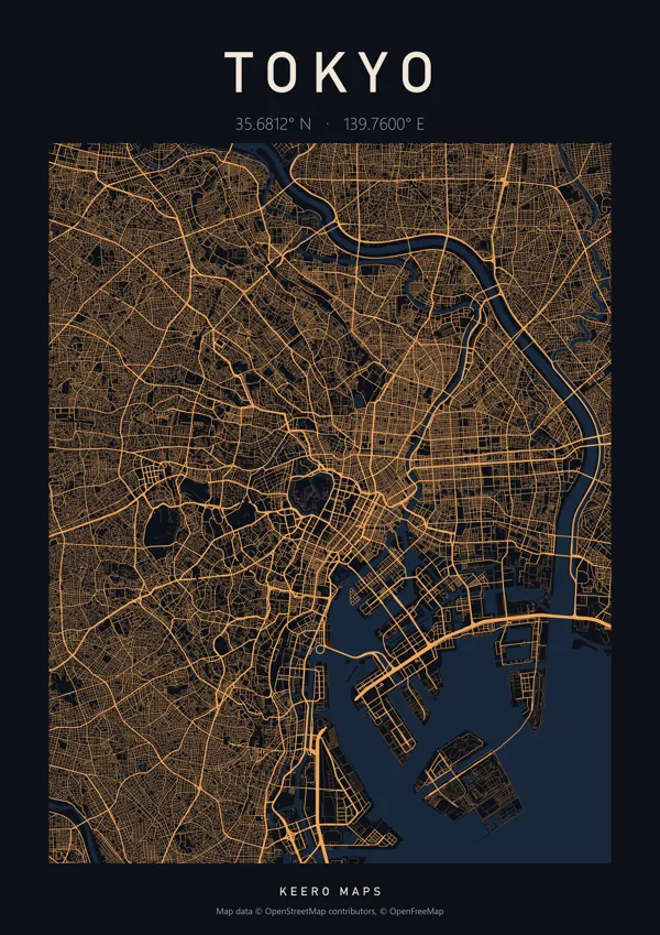 Tokyo map poster, Amber Night