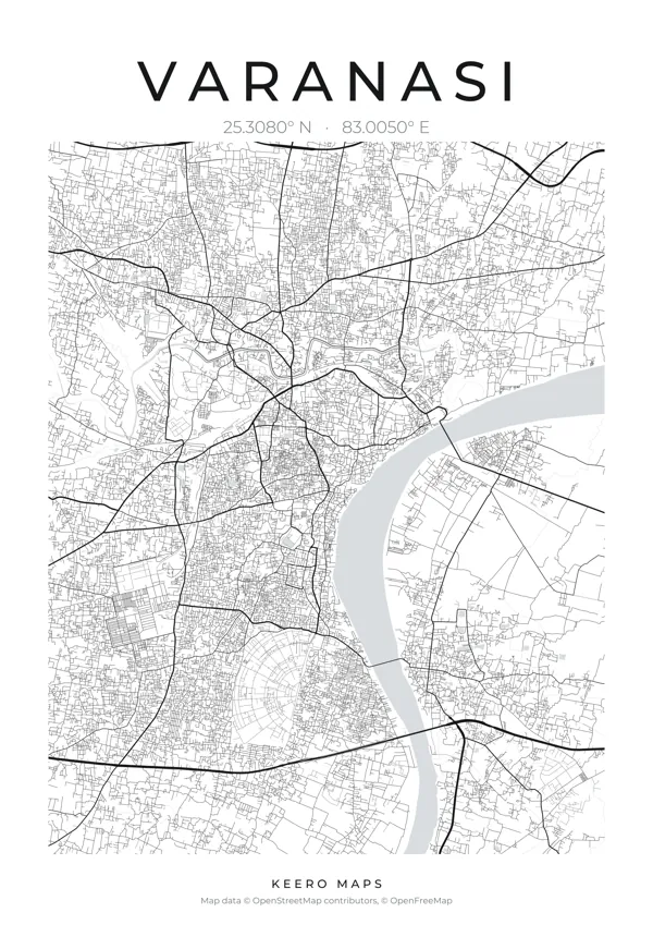 Varanasi map poster, Classic Ink