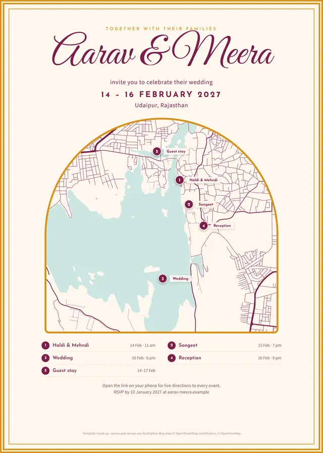 A wedding invitation card with an arch-shaped map of Udaipur and five numbered event pins, the couple's names in script above it