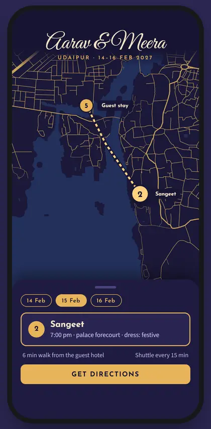 A phone showing a night-style wedding map with a route between the hotel and the sangeet venue, day tabs and a Get directions button